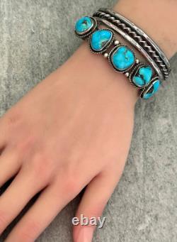 Vintage Native American Navajo FIVE Turquoise ROW Sterling silver Bracelet