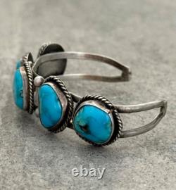 Vintage Native American Navajo FIVE Turquoise ROW Sterling silver Bracelet