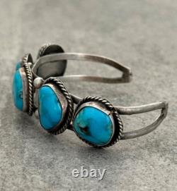 Vintage Native American Navajo FIVE Turquoise ROW Sterling silver Bracelet