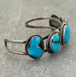 Vintage Native American Navajo FIVE Turquoise ROW Sterling silver Bracelet
