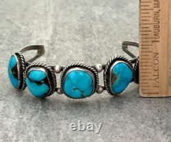 Vintage Native American Navajo FIVE Turquoise ROW Sterling silver Bracelet