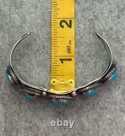 Vintage Native American Navajo FIVE Turquoise ROW Sterling silver Bracelet
