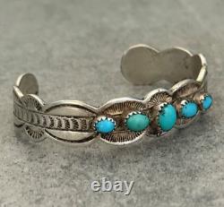 Vintage Native American Navajo FIVE Turquoise Sterling Bracelet 6.5in 30.3g