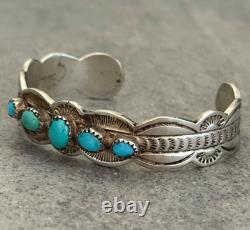 Vintage Native American Navajo FIVE Turquoise Sterling Bracelet 6.5in 30.3g