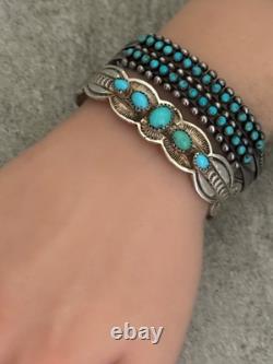 Vintage Native American Navajo FIVE Turquoise Sterling Bracelet 6.5in 30.3g