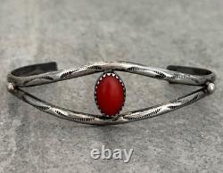 Vintage Native American Navajo Hand stamped Coral Sterling silver Cuff Bracelet