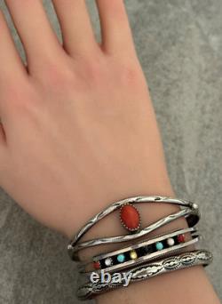 Vintage Native American Navajo Hand stamped Coral Sterling silver Cuff Bracelet