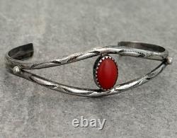 Vintage Native American Navajo Hand stamped Coral Sterling silver Cuff Bracelet