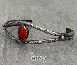 Vintage Native American Navajo Hand stamped Coral Sterling silver Cuff Bracelet
