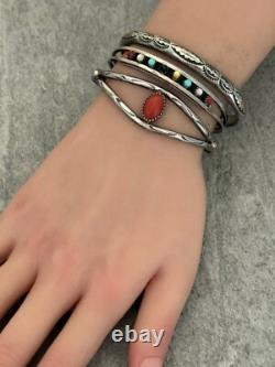 Vintage Native American Navajo Hand stamped Coral Sterling silver Cuff Bracelet