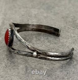 Vintage Native American Navajo Hand stamped Coral Sterling silver Cuff Bracelet
