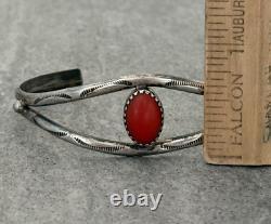 Vintage Native American Navajo Hand stamped Coral Sterling silver Cuff Bracelet