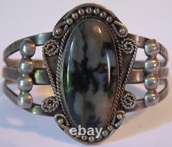 Vintage Native American Navajo Indian Silver Scenic Petrified Wood Cuff Bracelet