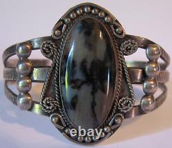 Vintage Native American Navajo Indian Silver Scenic Petrified Wood Cuff Bracelet