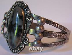 Vintage Native American Navajo Indian Silver Scenic Petrified Wood Cuff Bracelet