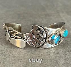 Vintage Native American Navajo KOKOPELLI MORENCI Turquoise Sterling Bracelet 45g