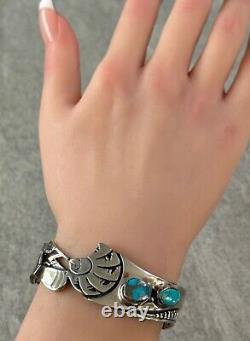 Vintage Native American Navajo KOKOPELLI MORENCI Turquoise Sterling Bracelet 45g