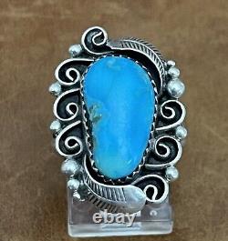 Vintage Native American Navajo Kingman Turquoise Sterling Silver Ring Size 7.75