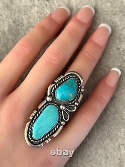 Vintage Native American Navajo LARGE DOUBLE Turquoise Sterling SIGNED RING 7.75
