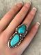 Vintage Native American Navajo LARGE DOUBLE Turquoise Sterling SIGNED RING 7.75