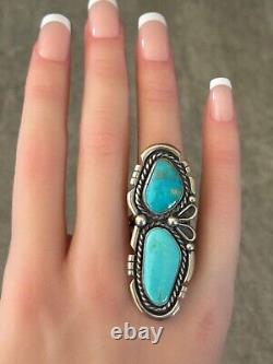 Vintage Native American Navajo LARGE DOUBLE Turquoise Sterling SIGNED RING 7.75