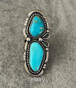 Vintage Native American Navajo LARGE DOUBLE Turquoise Sterling SIGNED RING 7.75