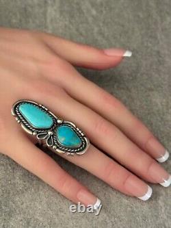 Vintage Native American Navajo LARGE DOUBLE Turquoise Sterling SIGNED RING 7.75