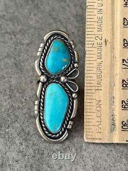 Vintage Native American Navajo LARGE DOUBLE Turquoise Sterling SIGNED RING 7.75
