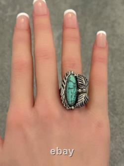 Vintage Native American Navajo LINDA MARBLE Turquoise CHISELED Sterling RING Sz7