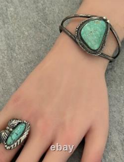 Vintage Native American Navajo LINDA MARBLE Turquoise CHISELED Sterling RING Sz7