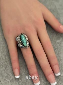 Vintage Native American Navajo LINDA MARBLE Turquoise CHISELED Sterling RING Sz7