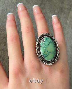 Vintage Native American Navajo LRG Turquoise Sterling ADJUSTABLE SIGNED RING 9