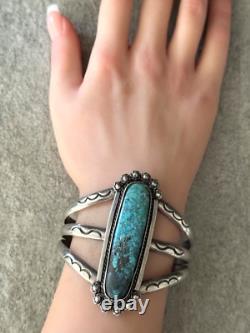 Vintage Native American Navajo Long Turquoise Sterling Silver Bracelet 63.7g