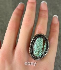 Vintage Native American Navajo NUMBER 8 Mine Turquoise Sterling Silver RING 7.25