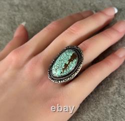Vintage Native American Navajo NUMBER 8 Mine Turquoise Sterling Silver RING 7.25