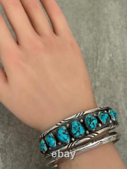 Vintage Native American Navajo PAUL J Turquoise Chiseled Sterling Bracelet 50.2g