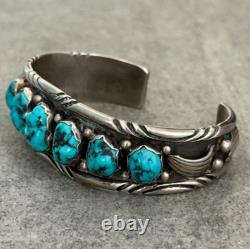 Vintage Native American Navajo PAUL J Turquoise Chiseled Sterling Bracelet 50.2g