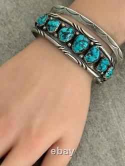 Vintage Native American Navajo PAUL J Turquoise Chiseled Sterling Bracelet 50.2g
