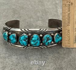 Vintage Native American Navajo PAUL J Turquoise Chiseled Sterling Bracelet 50.2g