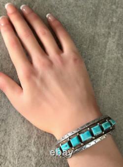 Vintage Native American Navajo SEVEN Turquoise CARINATED Sterling Bracelet