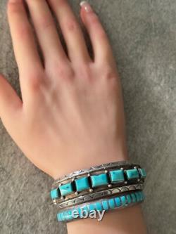 Vintage Native American Navajo SEVEN Turquoise CARINATED Sterling Bracelet