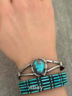 Vintage Native American Navajo SONG Turquoise Sterling Bracelet 7.25 in
