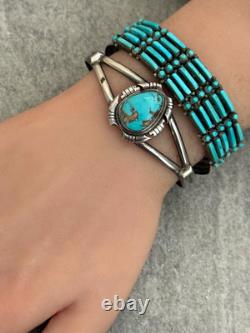 Vintage Native American Navajo SONG Turquoise Sterling Bracelet 7.25 in