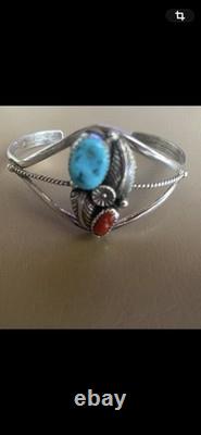 Vintage Native American Navajo Sterling Coral Turquoise Cuff Adjustable Bracelet
