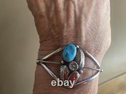 Vintage Native American Navajo Sterling Coral Turquoise Cuff Adjustable Bracelet