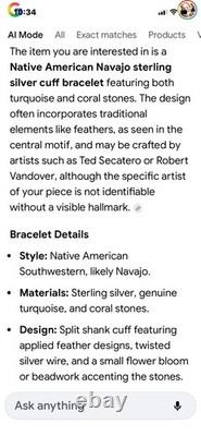 Vintage Native American Navajo Sterling Coral Turquoise Cuff Adjustable Bracelet