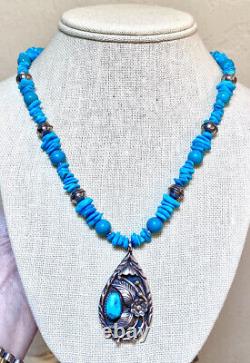 Vintage Native American, Navajo Sterling Silver, Turquoise & Bench Bead Necklace