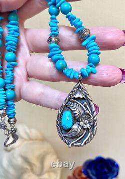 Vintage Native American, Navajo Sterling Silver, Turquoise & Bench Bead Necklace