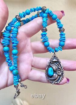 Vintage Native American, Navajo Sterling Silver, Turquoise & Bench Bead Necklace