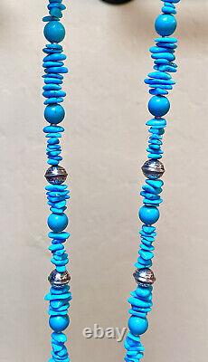 Vintage Native American, Navajo Sterling Silver, Turquoise & Bench Bead Necklace